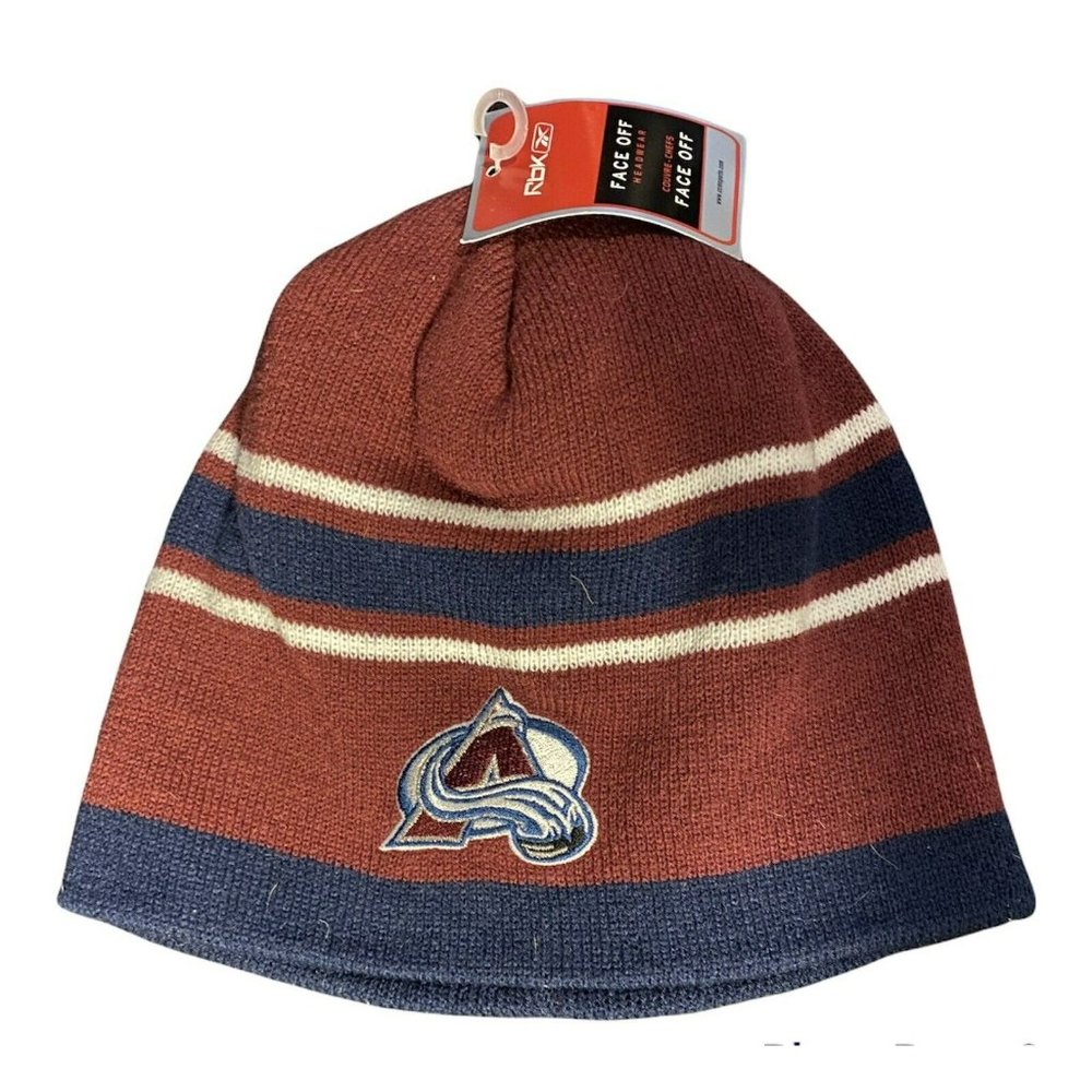 COLORADO AVALANCHE BURGUNDY KNIT BEANIE HAT TOQUE SKI CAP W/ MULTI STRIPES NEW